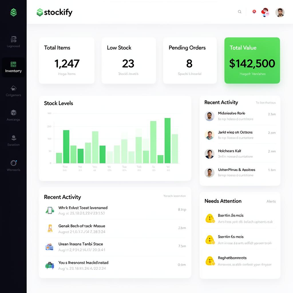 Stockify dashboard showing inventory metrics, stock levels chart, and recent activity